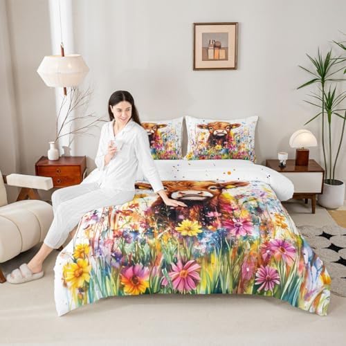 jejeloiu Cute Cow Comforter Set Full Size Highland Cattle Bedding Set for Kids Boys Girls Flower Farmhouse Duvet Quilt Wildlife Bedroom Decor Microfiber 3 Pcs with 2 Pillow Cases