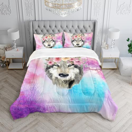 Wolf Comforter Set Tie Dye Wolf Bedding Set for Kids Teens Room Decor Romantic Pink Rose Wild Animals Comforter with 2 Pillowcases