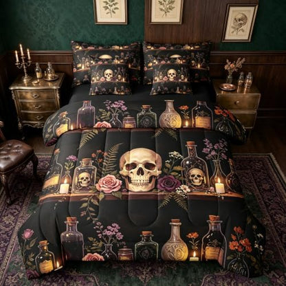 Erosebridal Skull Halloween 7 Piece Bedding Set Queen Cool Painting Comforter Set with Sheets Gothic Vintage Witchy Bed in a Bag Spooky Magic Bookshelf Bed Sets Comforter