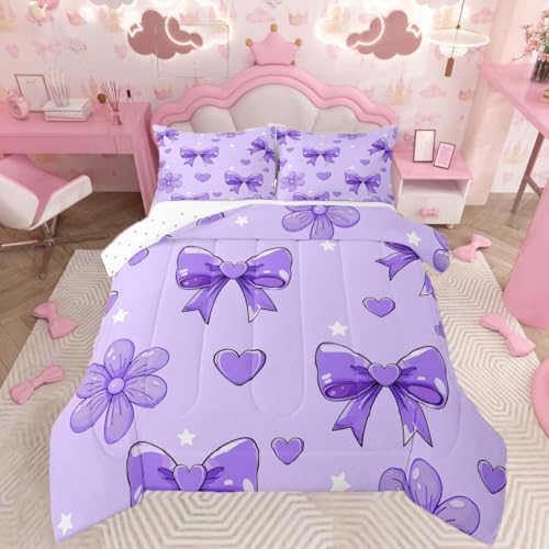 jejeloiu Bow Bedding Set Soft for Boys Girls, Bowknot Comforter Set Toddler Size Purple Duvet Quilt Microfiber Bow-tie Bedroom Decor 2 Pcs with 1 Pillow Cases