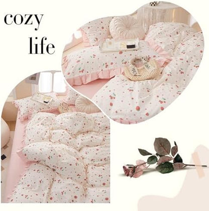 LifeTB Kawaii Pink Strawberry Comforter Set King Girls Cute Strawberry Bedding Comforter Fluffy Soft Microfiber Bedding Set 1 Ruffled Comforter with 2 Pillowcases Pink Floral Comforter Set