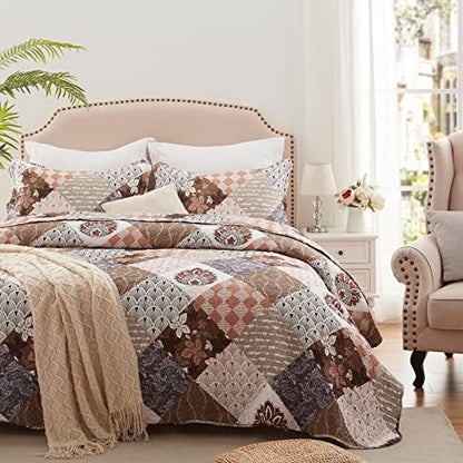 LEAONME 2 Pieces Twin Size Quilt Set Lightweight Brown Floral Bedspread 68x86 Inch Soft Patchwork Coverlet Warm Microfiber Bed Cover for All Seasons (1 Quilt,1 Pillow Sham)