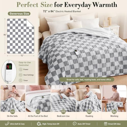 Grey Heated Blanket Electric Full Size 72"X84", Heating Blanket Full