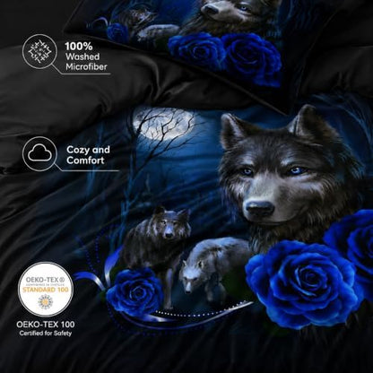 CCoutueChen Wolf Comforter Set Queen Size, Blue Rose Moon Gothic Bedding