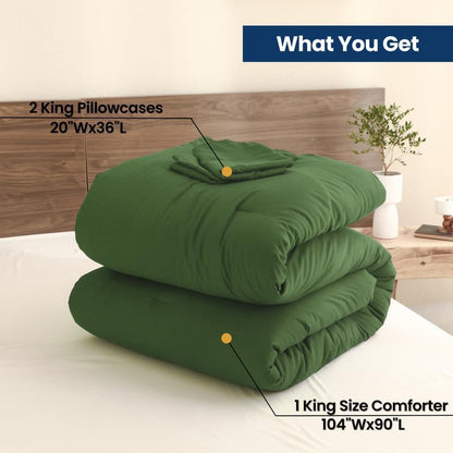 Paxrac Moss Green King Size Comforter Set, 3 Pieces Lightweight Solid Bedding Set, Soft Fluffy Comforter, All Season Bed Set (104"x90" Comforter & 2 Pillowcases)