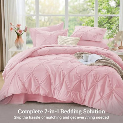 JOLLYVOGUE Oversized Queen Comforter Set 7 Pieces - Bed in a Bag Oversized Queen for All Season, Pintuck Bedding Sets with Comforter, Flat Sheet, Fitted Sheet and Pillowcases & Shams, Baby Pink