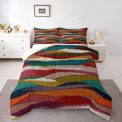 Castle Fairy Boho Wavy Kids Comforter Set,Tribal Ethnic Geometric Down Alternative Adults Bedroom Decor,Rainbow Embroidered Waves Ultra Soft Microfiber Inner Fill 3Pcs Bedding Queen Size