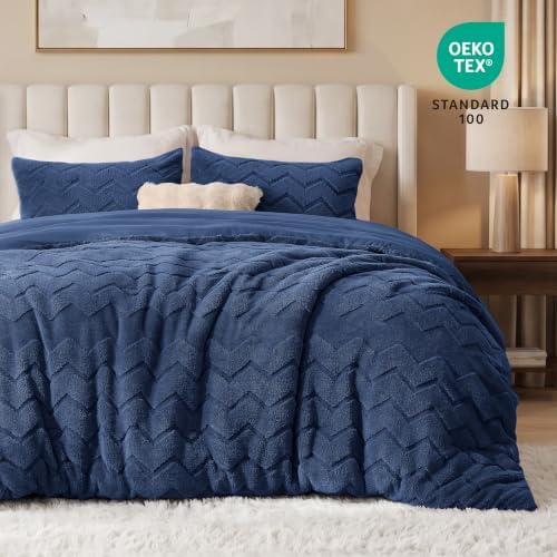 Love's cabin Fleece King Comforter Set, Fluffy Reversible Bedding, Navy