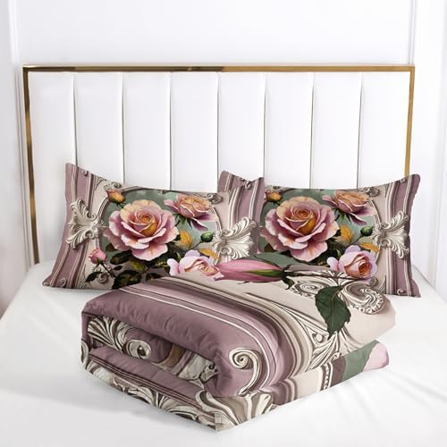Pink and White Flower Full Size Comforter Set，Flower Bed Bedding for Kids Full Size