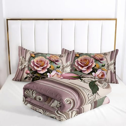 Pink and White Flower Full Size Comforter Set，Flower Bed Bedding for Kids Full Size