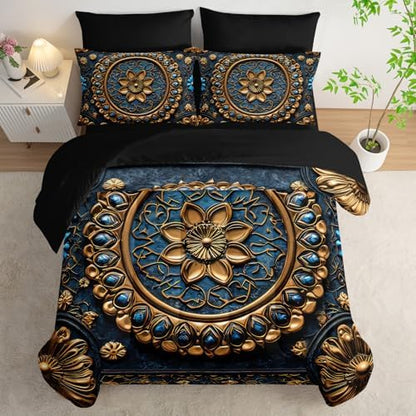 7 Piece Bed in A Bag Black and Gold Mandala Comforter Set King Size，Mandala Bedding Set King，(1 Comforter, 1 Flat Sheet, 1 Fitted Sheet, 2 Pillowcase and 2 Pillow Sham)，Mandala Bedroom Decor