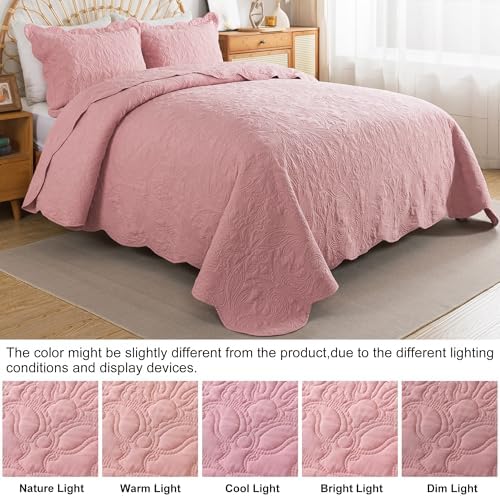 HoneiLife Quilt Sets King Size - 3 Piece Microfiber Quilt Set Lightweight Bedspreads Reversible Coverlets Rustic Bed Cover King Quilt Bedding Set All Season Quilts-Pink