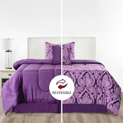 LUX Décor Reversible 4pc Twin Comforter Set, Printed Bedding Set, All-in-One Bed in a Bag, Includes 1 Comforter, 1 Pillow Sham, 1 Decor Pillow & 1 Bed Skirt (Paisley Purple,Twin)