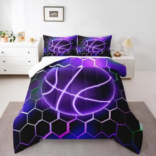 Manfei Purple Basketball Comforter Set King Size, Honeycomb Hexagon Quilt Set with 2 Pillowcases, Colorful Neon Light Lines Bedding Set 3pcs for Kids Boys Girls Sports Theme Duvet Insert