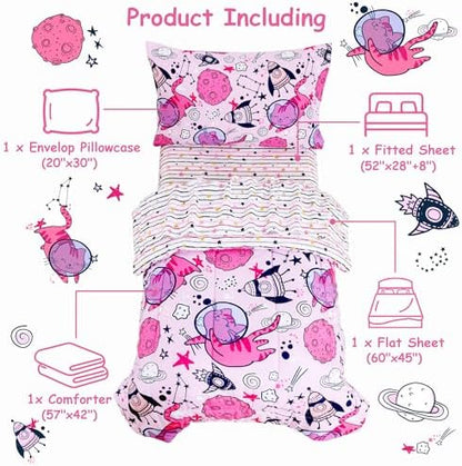Mooreeke Toddler Bedding Sets for Girls,4 Pieces Cute Space Cat Printed