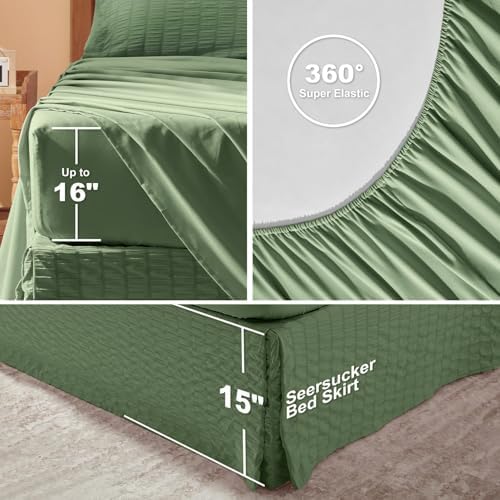 Laojin Balhen Queen Comforter Set 7 Pieces, Olive Green Seersucker Bed in a Bag Set Queen Size, All Season Luxury Bedding Sets with Comforter, Sheets, Pillowcase & Sham