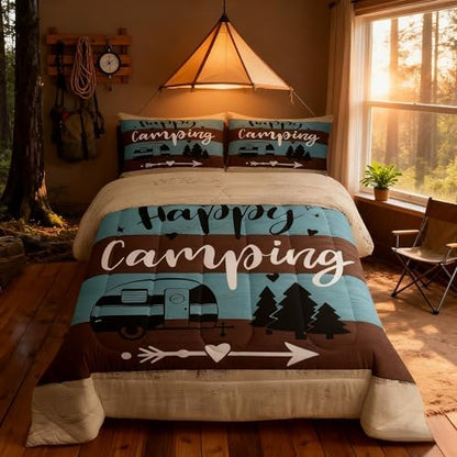 Manfei Happy Camping RV Kids Comforter Set King Size,Pine Wooden Cabin Rustic Farmhouse Bedding Set,Girls Boys Room Decor,Adventure Camper Quilt Comforter,Blue Country Duvet Insert,2 Pillowcases