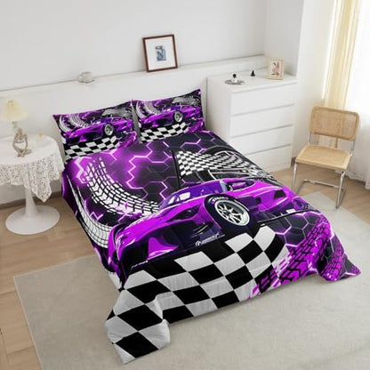Toddler Race Car Bed for Boys,Purple Neon Lights Honeycomb Bedding Set Cool Sports Car Glitter Beehive Geometric Hexagon Comforter Set Full,Black White Grid Lattice Quilt Buffalo Plaid Decor