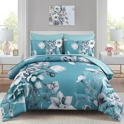 Luxudecor Floral Comforter Set Queen Size 7 Piece, Teal Blue Flower Bed in a Bag, Elegant Comforter Bedding Set for All Season (Teal Blue, 90"x90")