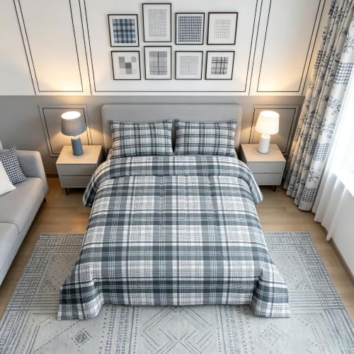 Manfei Blue Grey Plaid Comforter Set Queen Size,Geometric Line Grid Bedding Set 3pcs,Classic Homestead-Style Down Comforter for All Season,Kids Boys Girls Room Decor,2 Pillowcases,No Sheets