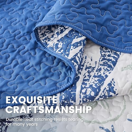Qucover Coastal California King Quilt 118"x106", Ocean Beach Themed Bedding Set with Pillowcase, Soft Lightweight Reversible Microfiber Nautical Coverlet, Oversized King Bedspread for Summer,Navy Blue