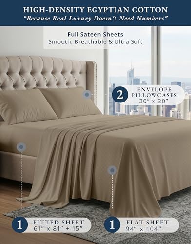 LANE LINEN Cooling Sheets Full Size Sateen Weave - Taupe Swiss Dot