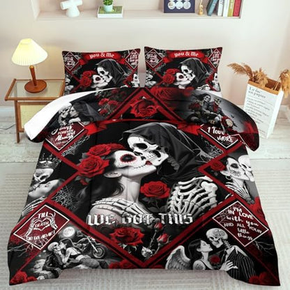 Red Skull Comforter Set Twin Size Women Men Black Goth Bedding Set Girls Gothic Twin Size Comforter Couple Red Rose Couple Bedding Boho Skull Quilt Bedroom Decor