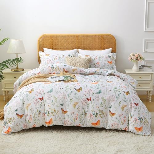 Mooreeke Floral King Size Comforter Sets, Butterfly and Botanical Patterned Bedding for All Seasons, 3-Piece Vintage Bed in a Bag with Fluffy Quilted Reversible Comforter & 2 Pillow Shams