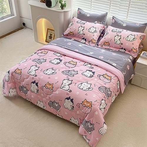 7 Piece Girls Cats Bedding Comforter Set Twin Size for Kids Bed in A Bag Pink Cute Cartoon Pet Cat Bedding Set for Boys Teens (1 Comforter, 1 Flat Sheet, 1 Fitted Sheet, 4 Pillow Sham) Gray