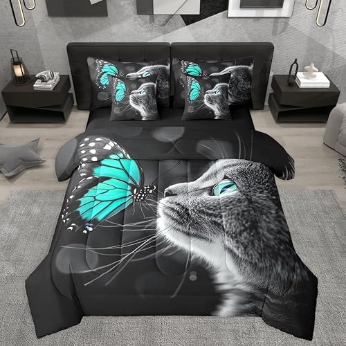 Feelyou Cute Cat Comforter Set 7 Pieces Twin Size Butterfly Bedding Set for Boys Girls Kawaii Pet Kitten Bed in a Bag with Comforter, Sheets, Pillowcases & Cushion Covers