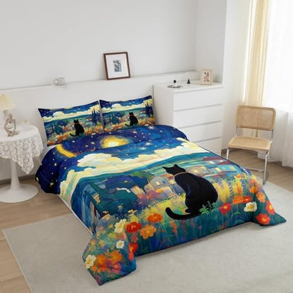 Flower Cat Comforter Set King Size,Swirl Starry Sky Moon Duvet Insert for Kids Girls Boys Adults Room Decor,Blossom Flower Rustic Style Bedding Set 3Pcs,Nature Scenery Quilt Set,2 Pillowcases