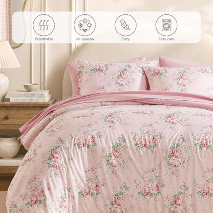 BLOOMHAVEN Queen Comforter Set-7 Pieces Pink Floral Bed in a Bag Queen
