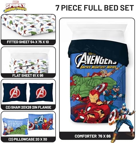 Jay Franco Kids Bed Set, Blue, Avengers, 7 Piece Full