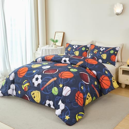RYNGHIPY Sports Bedding Set for Boys Full Size Basketball Soccer Football Tennins Volleyball Comforter Set 3pcs Kids Bedding with 1 Comforter 2 Pillowcases (Navy-Ball, Full)
