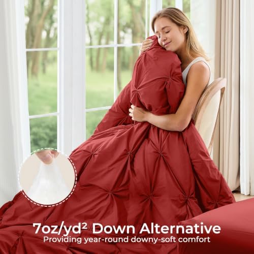 Sasttie Queen Comforter Set, 7-Piece Bed in a Bag, Pintuck Bedding Sets for All Season, Includes Comforter, Flat Sheet, Fitted Sheet, Pillowcases and Pillowshams, Red