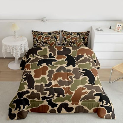 Army Green Camouflage Comforter Set Queen Size,Brown Black Bear Silhouette Bedding Sets 3Pcs for Women Room Decor,Hunting Bear Camo Quilted Duvet Hunter Military Theme Down Comforter,2 Pillowcases