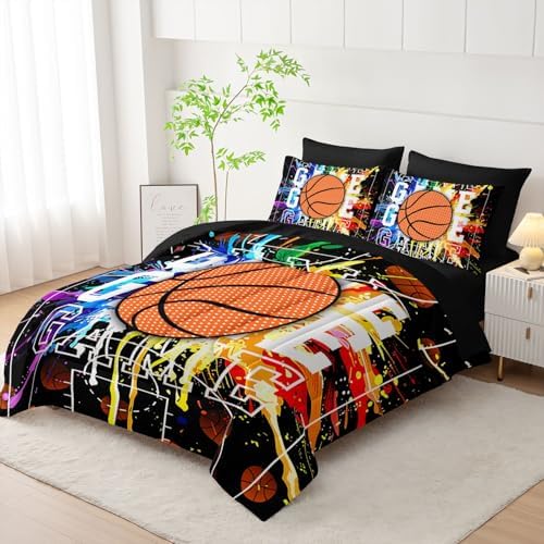 7Pcs Basketball Comforter Set Ball Sports Printed Bedding Set with 1 Comforter, 1 Flat Sheet, 1 Fitted Sheet and 4 Pillowcases for Boys and Girls Bedroom All Season(Basketball-3 Full