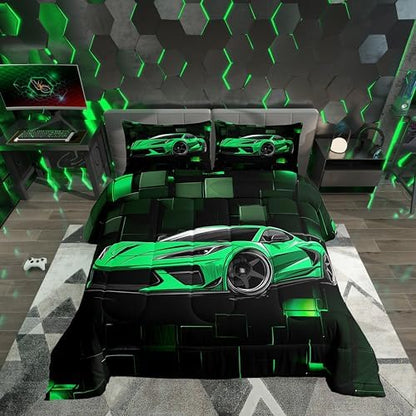 Erosebridal Racing Car Comforter Set Toddler Green Sports Car Bedding Set for Teens Extreme Theme Down Comforter Sports Grid Quilt 3D Duvet Insert 2Pcs Bedding Decor