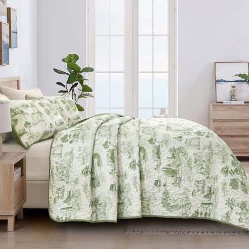 Drucon Sage Green Farmhouse Quilt Set King Size, Spring Toile Rustic Bedspreads, 3 Pieces Village Landscape Printed Coverlet, Soft Microfiber Quilt Bedding Set for All Season (106x90 Inch)