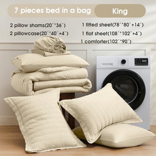 FreshCulture Comforter Set Seersucker 7 Pieces, All Season Bedding Set King, Bed in a Bag Comforter Set with 1 Comforter, 1 Flat Sheet, 1 Fitted Sheet, 2 Pillowcases and 2 Pillow Shams, Beige