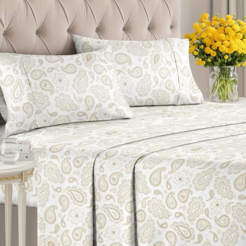 Full 4 Piece Floral Sheet Set - Soft, Breathable & Cooling - Taupe Paisley