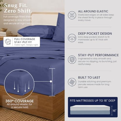 ZOYER 100% Cotton Sheets – King Size Percale Bedding, Cooling & Breathable, Durable with a Crisp, Soft & Comfortable Feel, 16" Deep Pocket, 4-Piece Set, Classic Blue