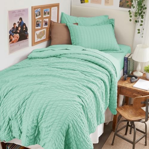 HYMOKEGE Mint Green Twin Comforter Set Seersucker 5 Pieces, All Season Luxury Bed in a Bag for Bedroom, Bedding Set with Comforter, Sheets, Pillowcase & Sham