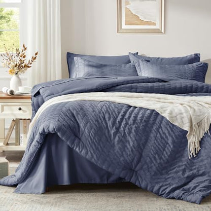 Queen Comforter Set 7 Piece, Greyish Blue Bed in a Bag Queen Bedding Sets