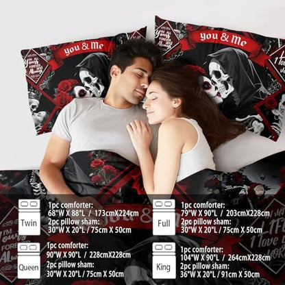 Red Skull Comforter Set Twin Size Women Men Black Goth Bedding Set Girls Gothic Twin Size Comforter Couple Red Rose Couple Bedding Boho Skull Quilt Bedroom Decor