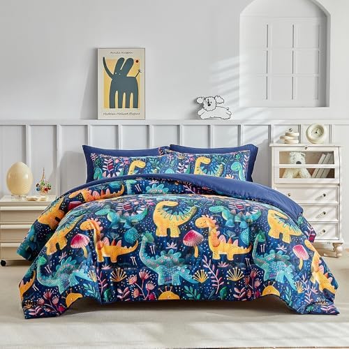 Wajade 7 Piece Dinosaur Comforter Set for Boys 3D Blue Dinosaur Print Bedding Set for Kids Teens Bed in A Bag Twin Size (1 Comforter, 1 Flat Sheet, 1 Fitted Sheet, 2 Pillowcase and 2 Pillow Sham)