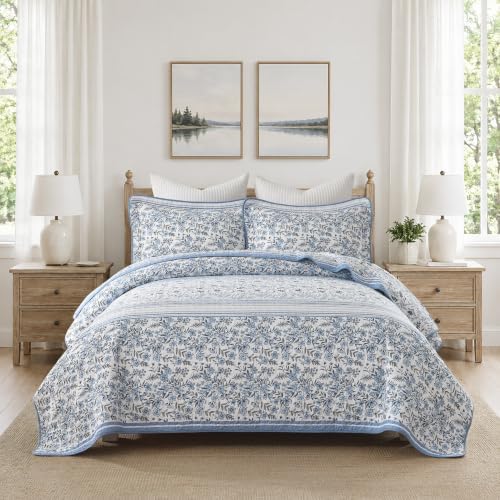 King Size Quilt Set - Blue and White Quilt - 100% Cotton Floral Bedspread