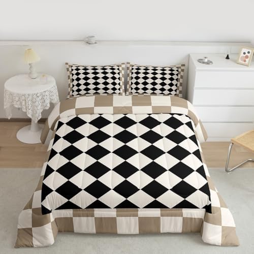 Checkered Kids Comforter Set Full Size Beige Brown Plaid Bedding Set Geometric Groovy Aesthetic Duvet Quilt for Kids Boys Girls Bedroom Reversible Grey Decor