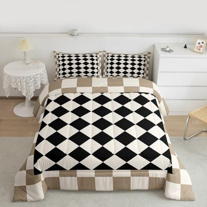 Checkered Kids Comforter Set Full Size Beige Brown Plaid Bedding Set Geometric Groovy Aesthetic Duvet Quilt for Kids Boys Girls Bedroom Reversible Grey Decor
