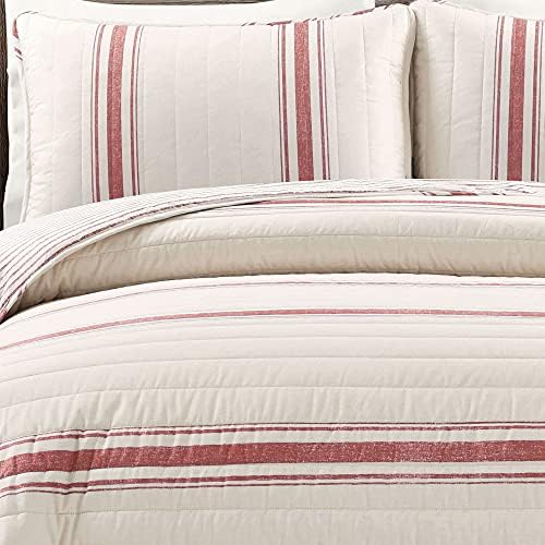 Lush Decor Farmhouse Stripe Reversible Cotton Quilt California King Size 3 Piece Set Red - Farmhouse Bedding Set - Cal King Quilt - Striped Bedding